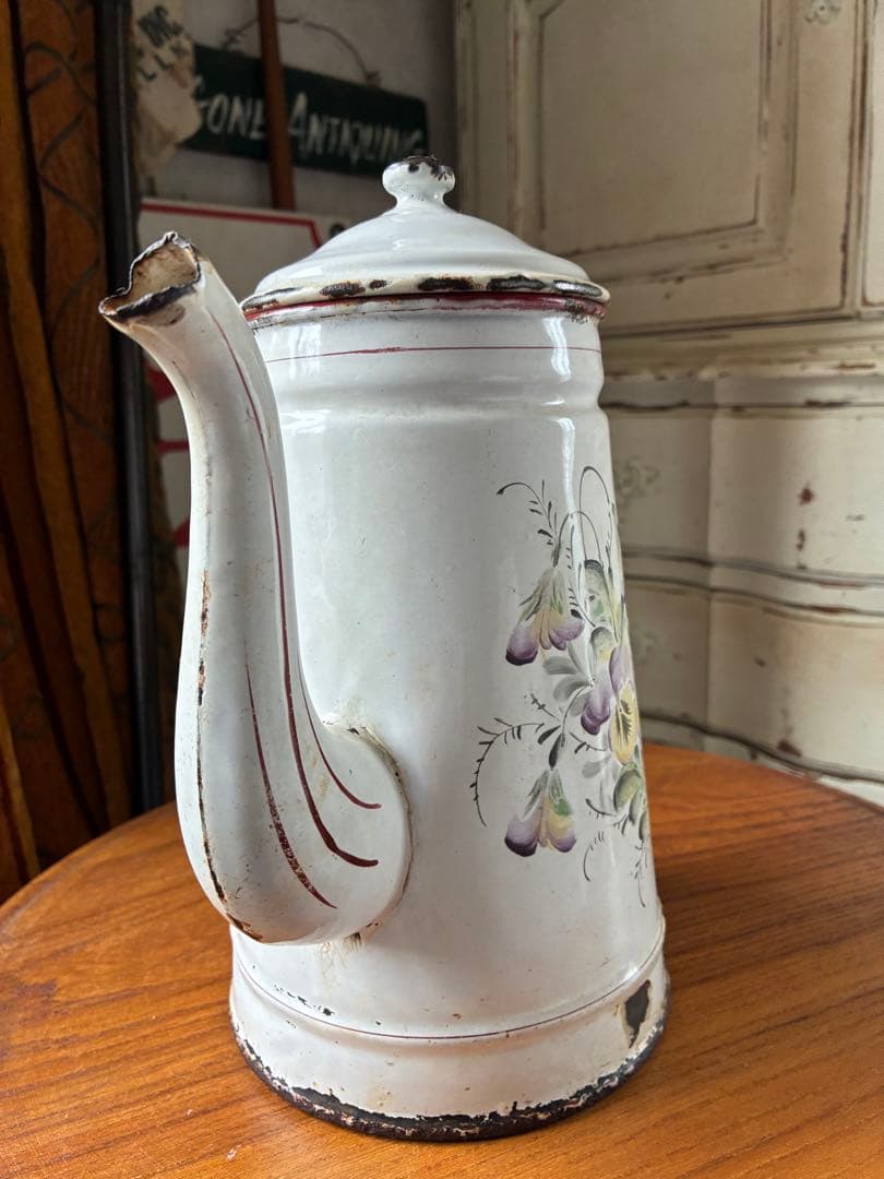 フランス　アンティーク　手描き　ホーロー　コーヒー　ポット　JAPY すみれ