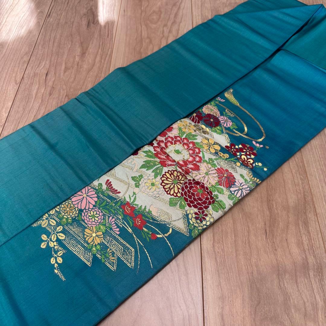 超美品　正絹　着物 和服　名古屋帯　333 納戸色　青緑　アンティーク　金