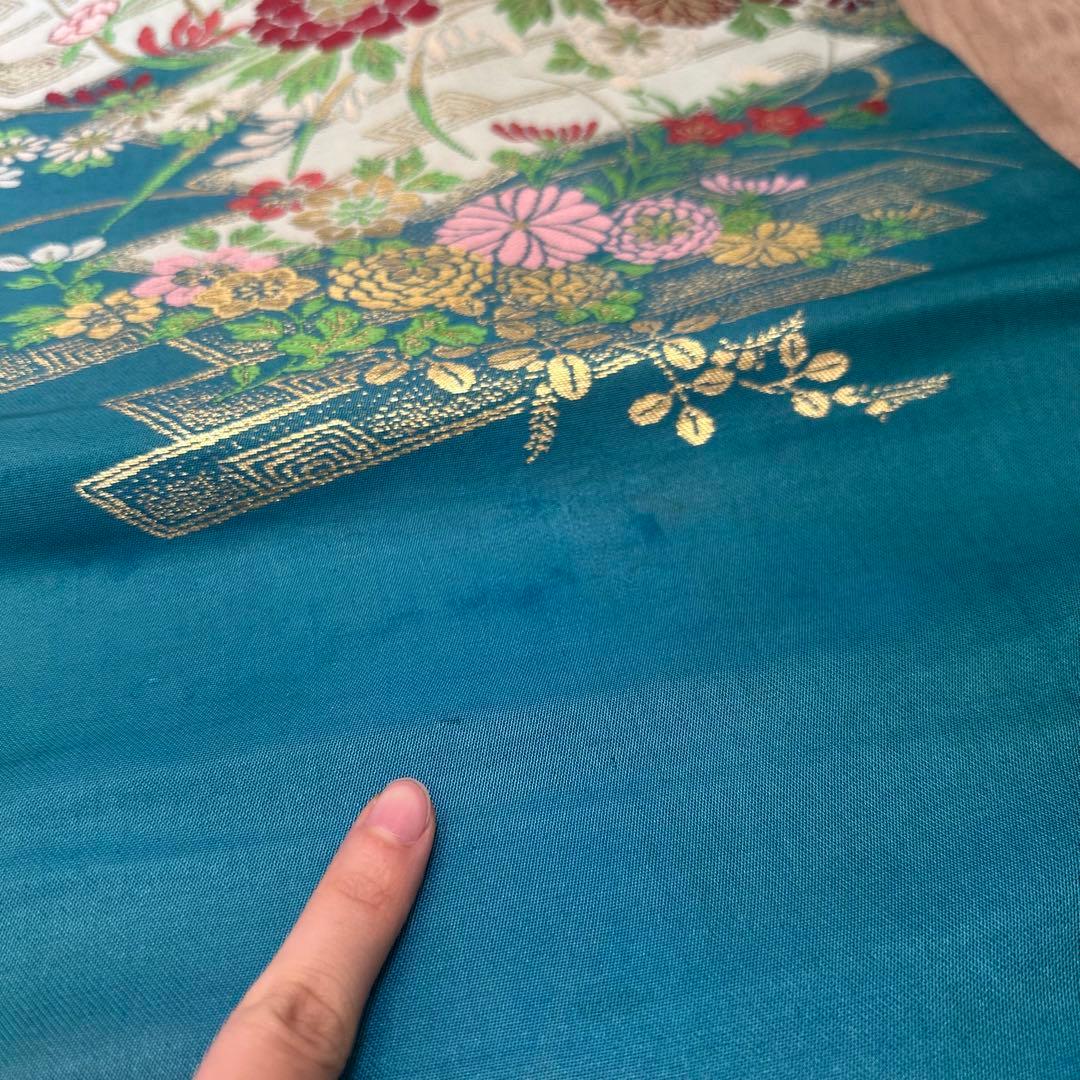 超美品　正絹　着物 和服　名古屋帯　333 納戸色　青緑　アンティーク　金