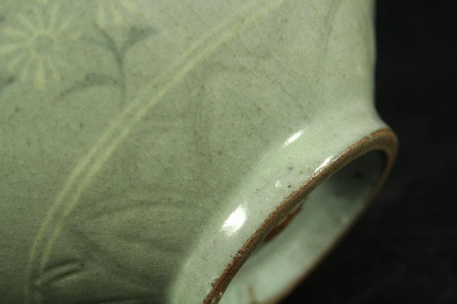 高麗 草花象嵌 青磁 茶碗 時代 茶道具(K-A990)