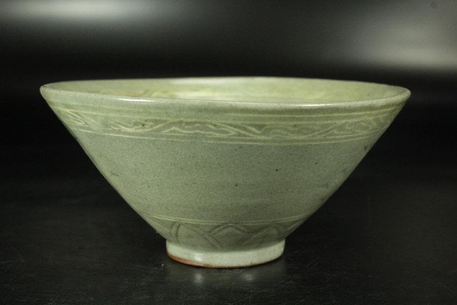 高麗 草花象嵌 青磁 茶碗 時代 茶道具(K-A990)