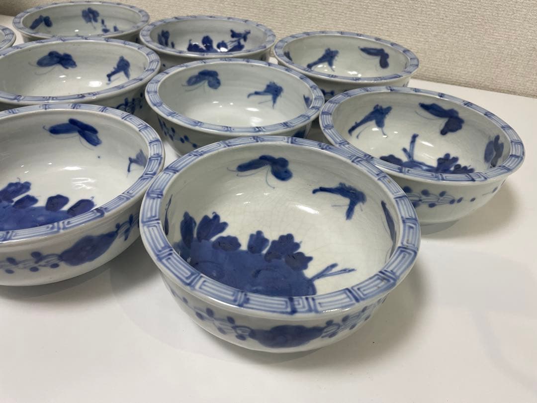 【現状品】古伊万里 染付 花蝶柄 菓子鉢10個セット アンティーク レトロ 陶器