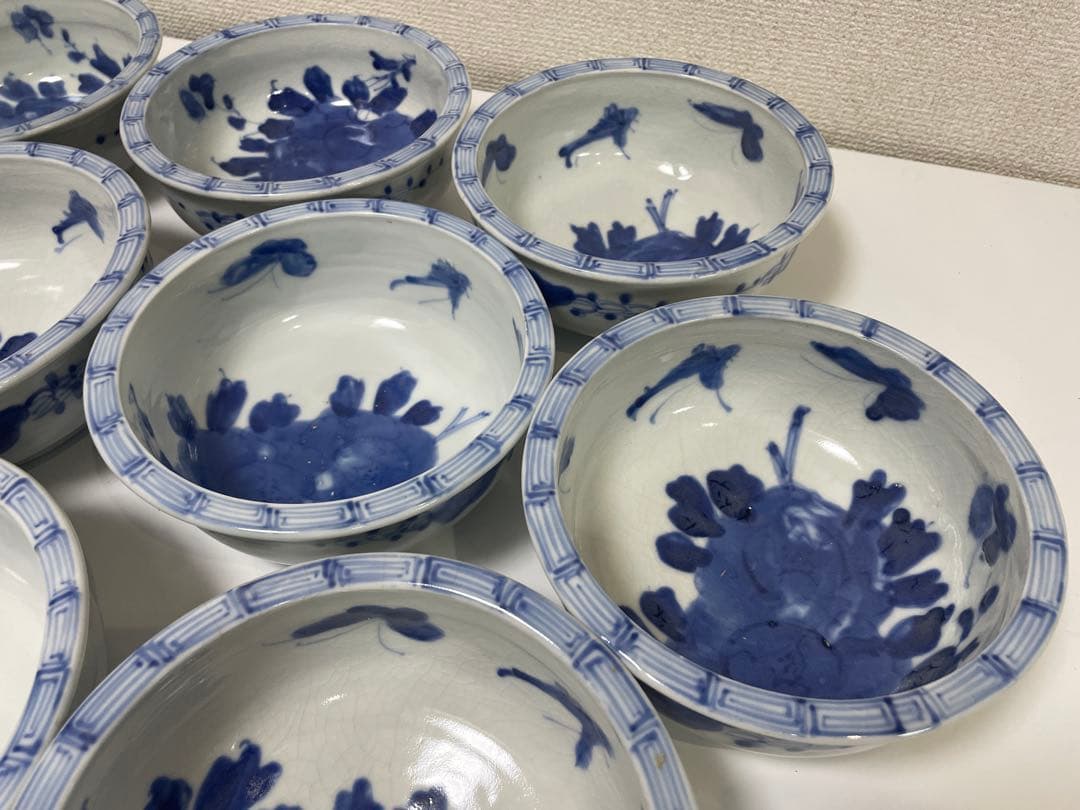 【現状品】古伊万里 染付 花蝶柄 菓子鉢10個セット アンティーク レトロ 陶器
