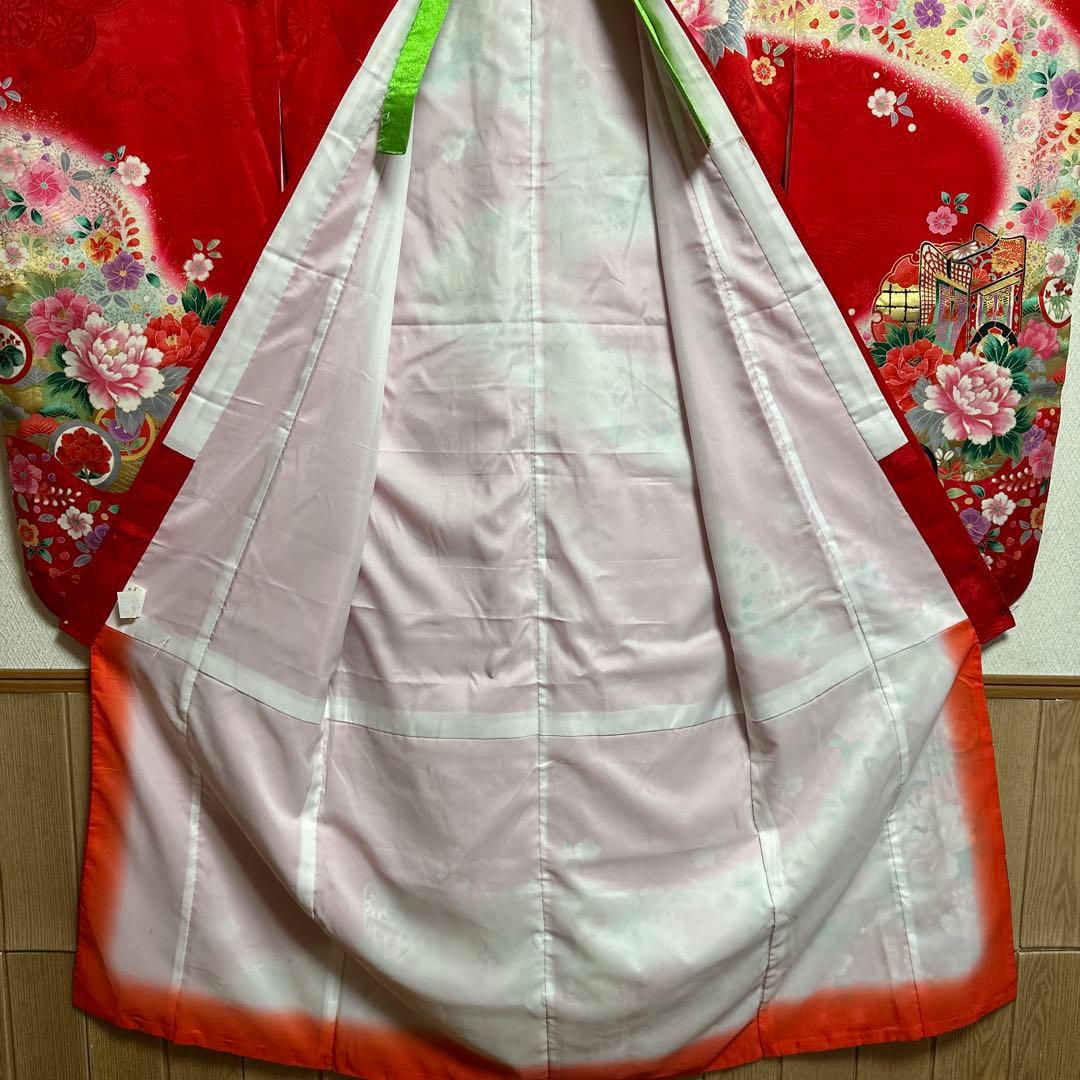 七五三　女の子　７歳　正絹着物　長襦袢　袋帯　御所車花文　暈し染め　金彩　逸品