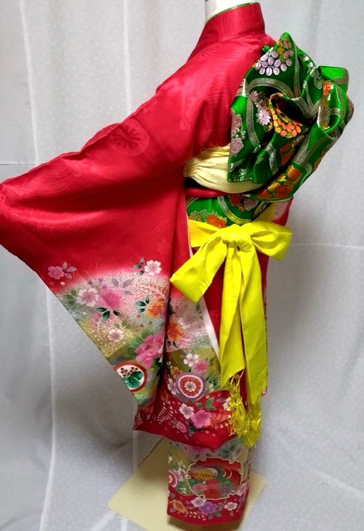 七五三　女の子　７歳　正絹着物　長襦袢　袋帯　御所車花文　暈し染め　金彩　逸品