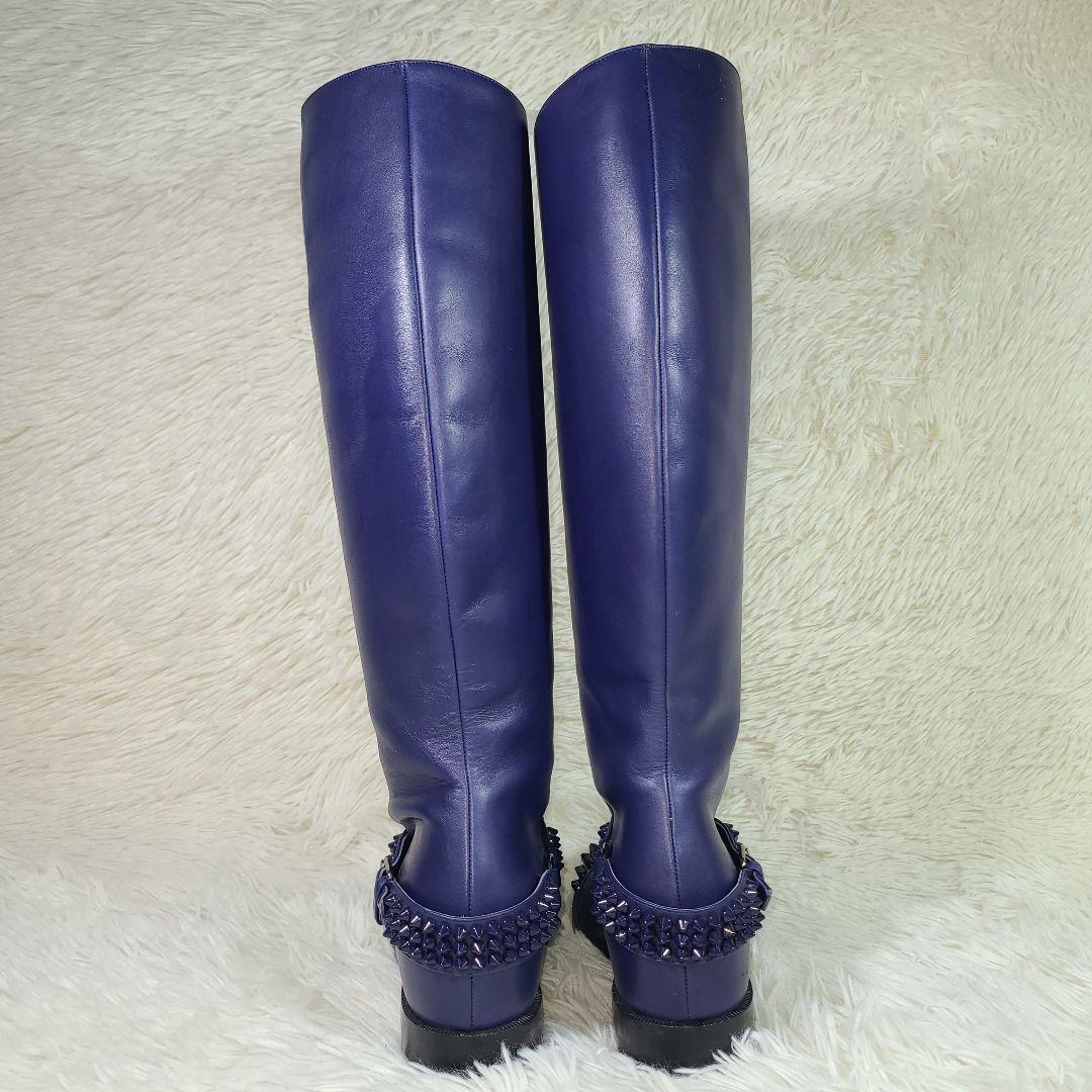 美品【クリスチャンルブタン】スタッズ　バックベルトロングブーツ　ネイビー