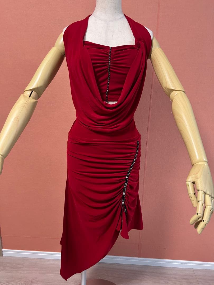 赤い社交ダンスドレス ドレープデザイン