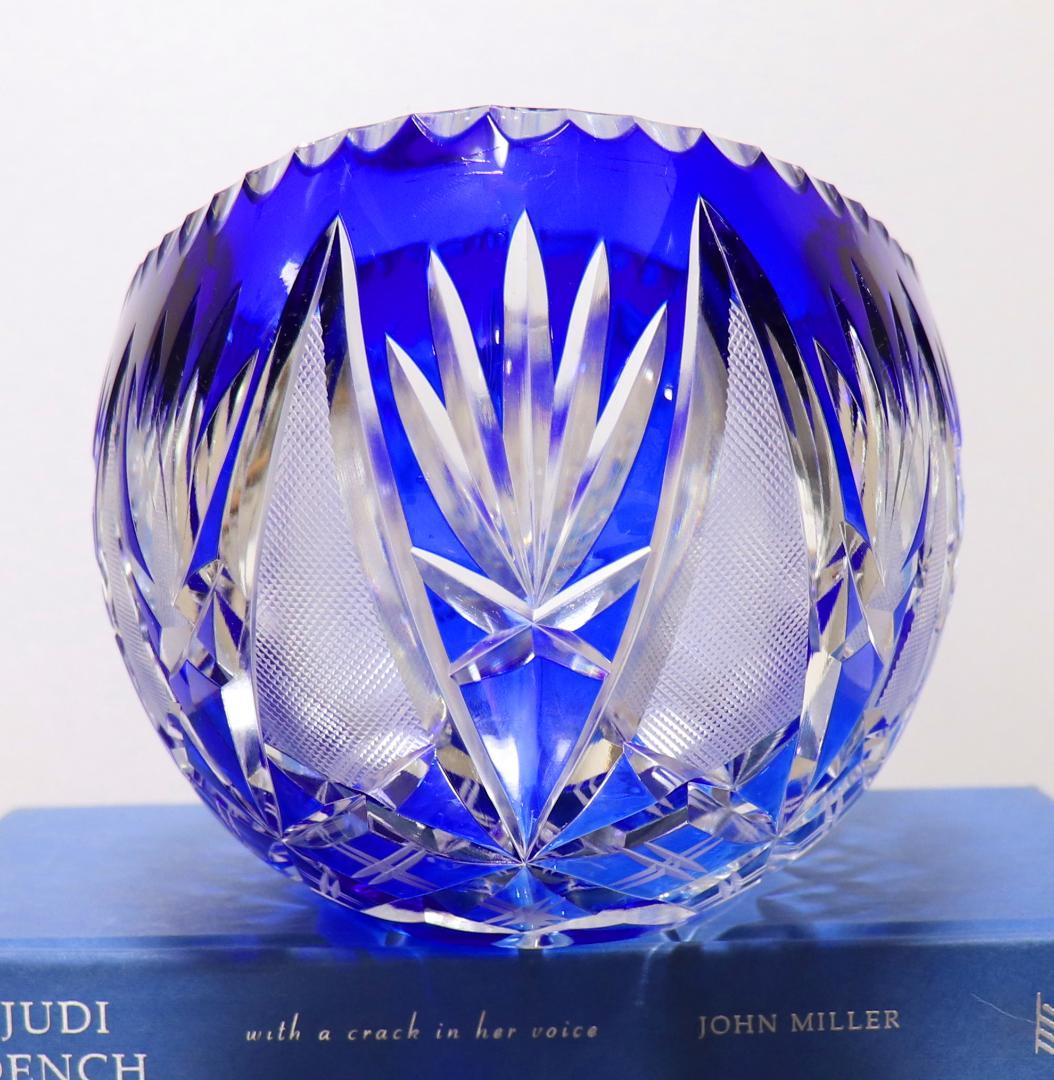 オールド・バカラ 1890年頃 特大青色被せ装飾切子ガラス鉢 26cm1.8kg