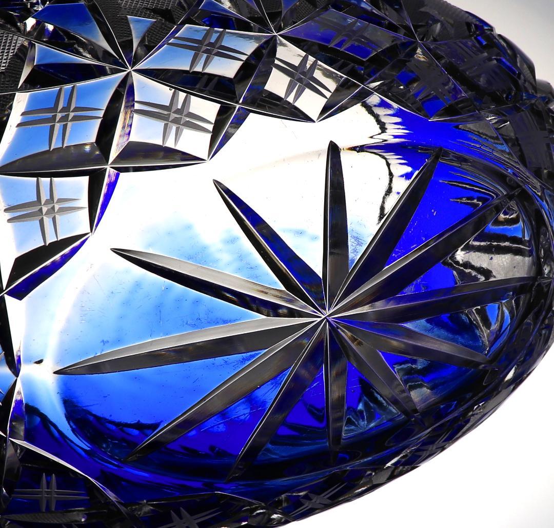オールド・バカラ 1890年頃 特大青色被せ装飾切子ガラス鉢 26cm1.8kg