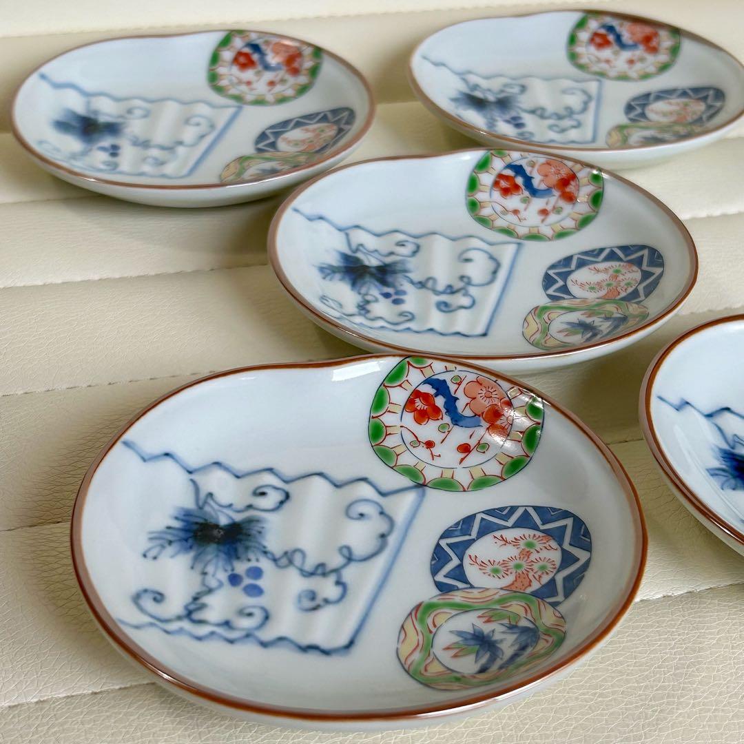 波佐見焼　林九郎窯　染付丸紋　小皿揃　5枚セット　豆皿　楕円皿　色絵　古伊万里