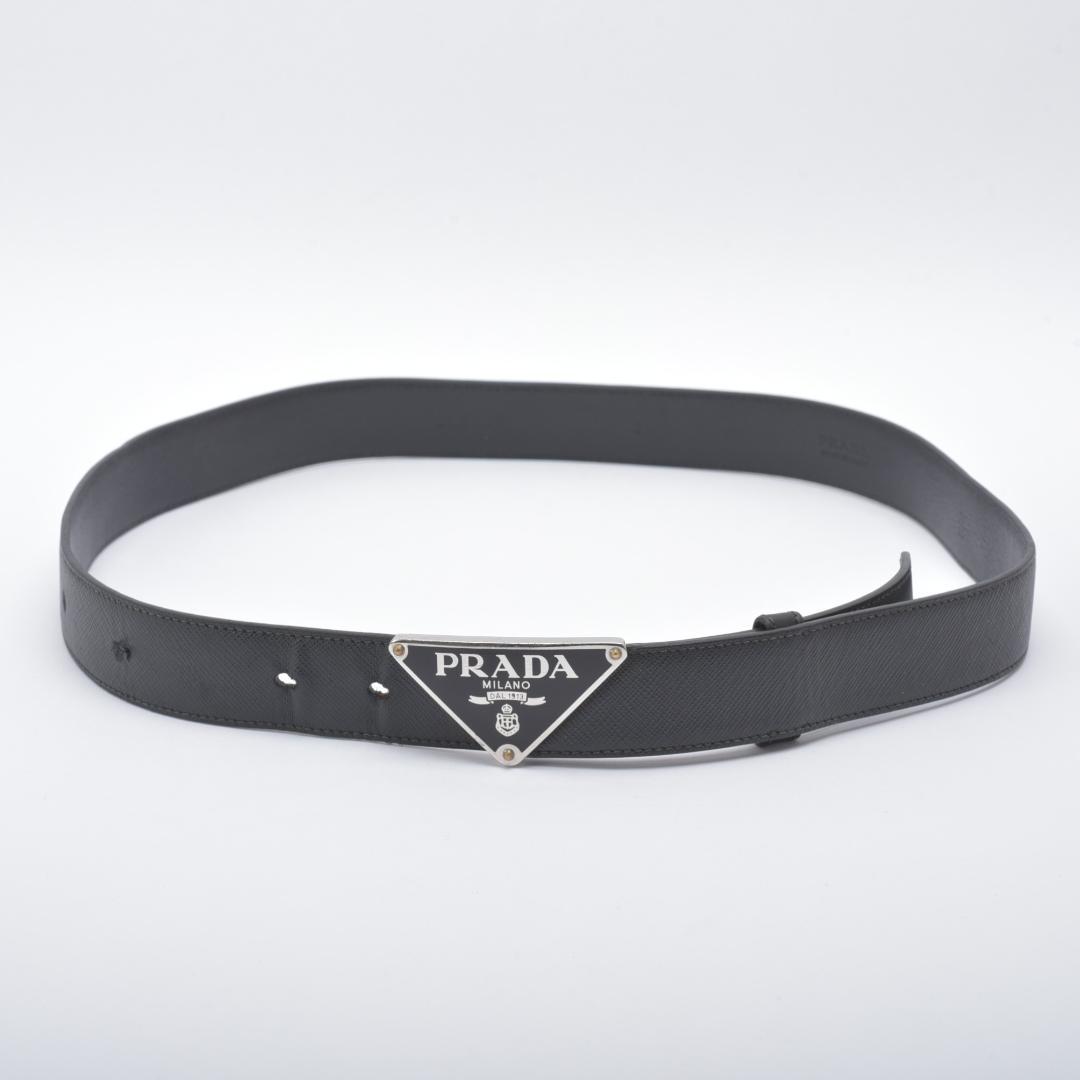 美品 PRADA プラダ ベルト ブラック サフィアーノレザー 三角プレート