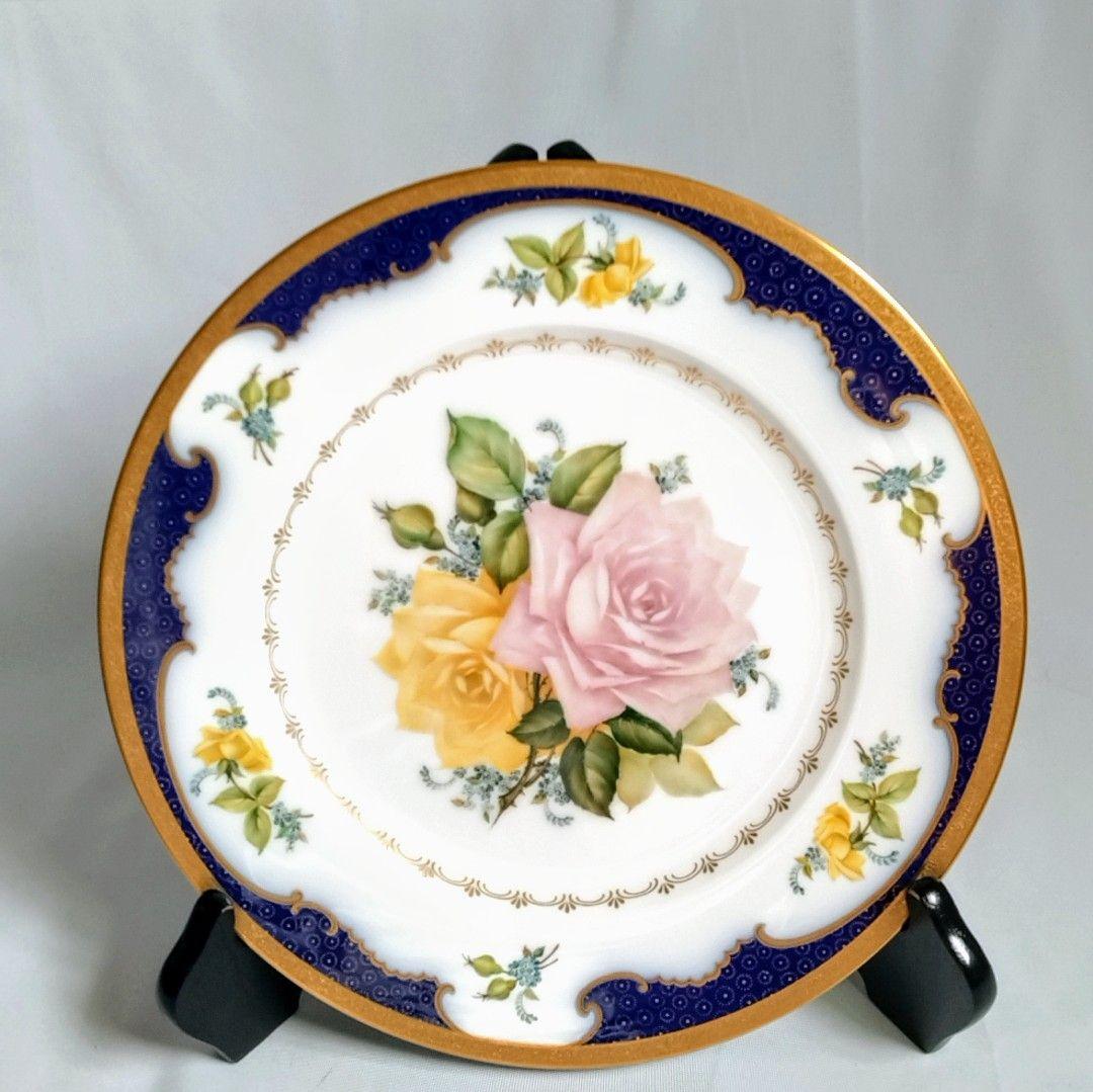 ☆美品手描き☆大倉陶園 ばらルリ金彩飾り皿 67h/9466(青)