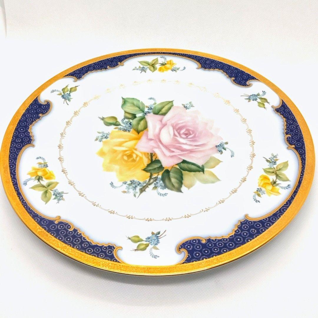 ☆美品手描き☆大倉陶園 ばらルリ金彩飾り皿 67h/9466(青)