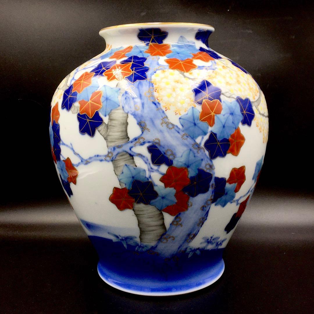 有田焼　深川製磁　吉祥紋様　春秋紋　花瓶　戦前　桜　楓　管mpr