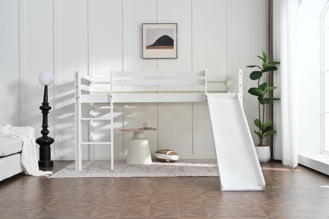 ロフトベッド 頑丈 ロータイプ 階段付き 天然木 コンセント付き White