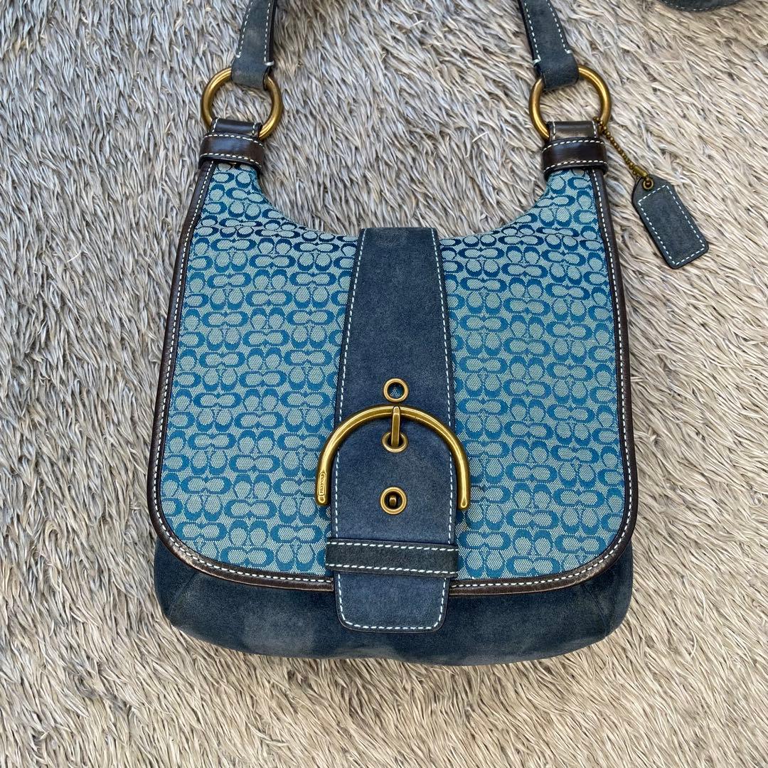COACH コーチ ミニシグネチャー ショルダーバッグ ブルー スエード