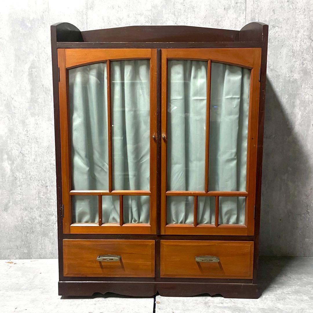 古家具 昭和レトロ アンティーク 木製ガラス扉収納棚