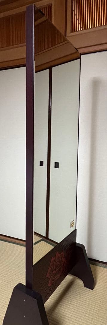 姿見/スタンドミラー　鎌倉彫　牡丹の彫り物 日本板硝子製ガラス　162cm高