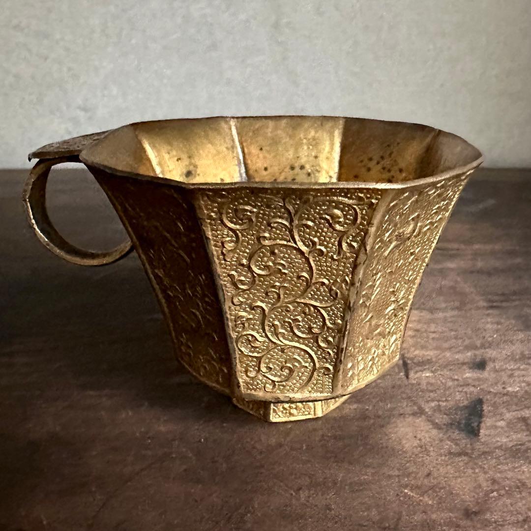 【希少】　唐時代　八角杯銅鍍金　鳥模様紋　取手付き杯　唐物　中国美術