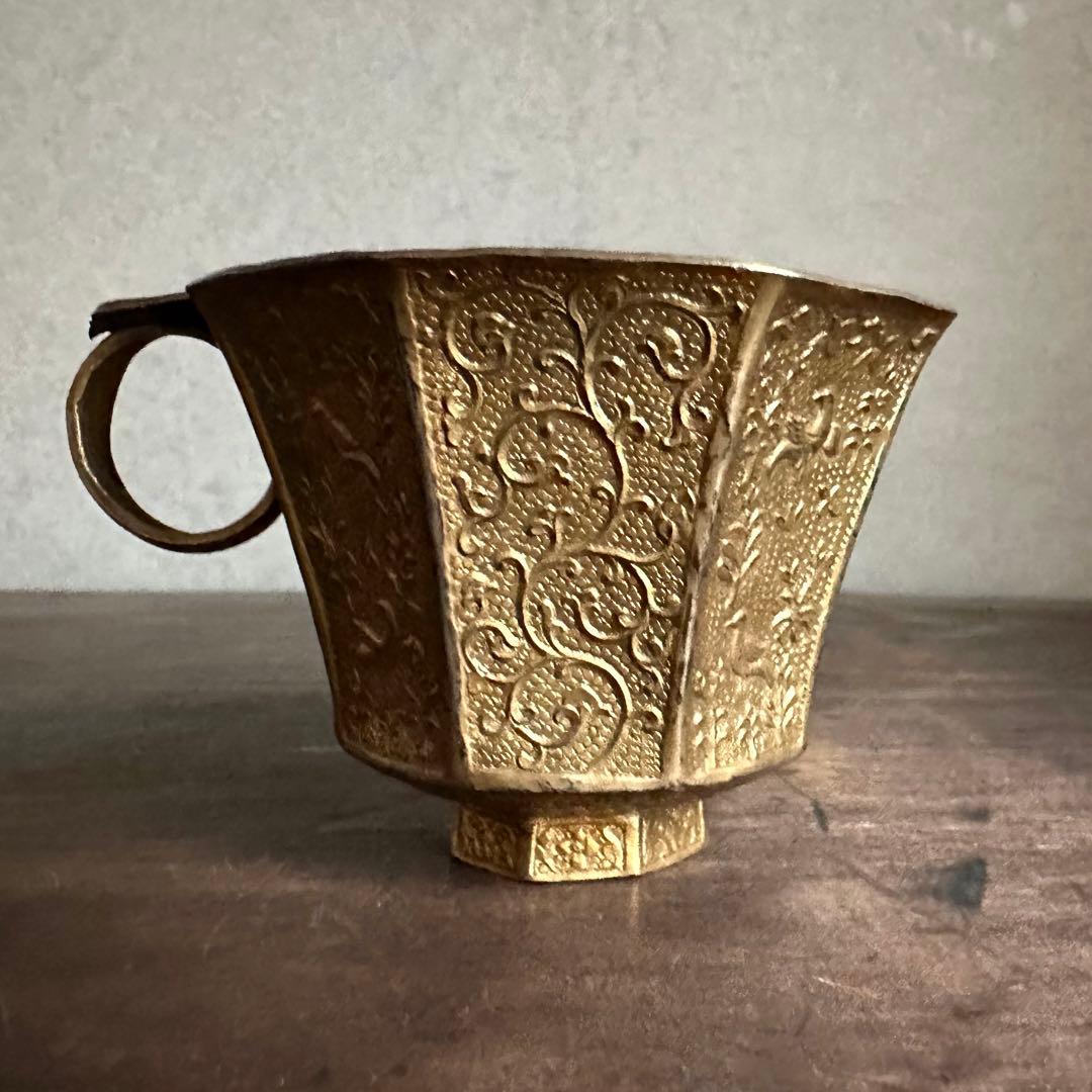 【希少】　唐時代　八角杯銅鍍金　鳥模様紋　取手付き杯　唐物　中国美術