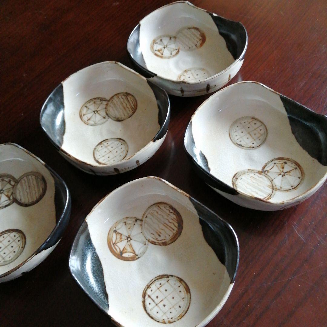 瀬戸焼　黒織部向付　5客　13.8cm　昭和初期〜中期