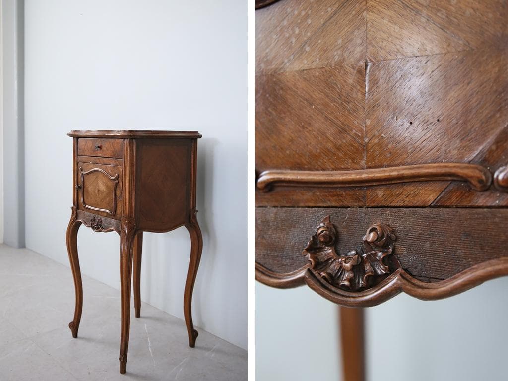 フランスアンティーク木製*大理石キャビネット/ナイトテーブル机(90-35-2)