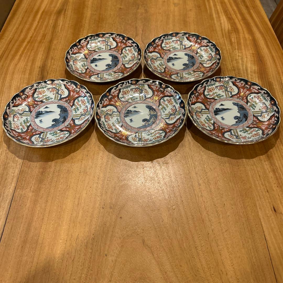 有田焼　隼木谷清右衛門　山水古伊万里絵付　菊形皿　五枚