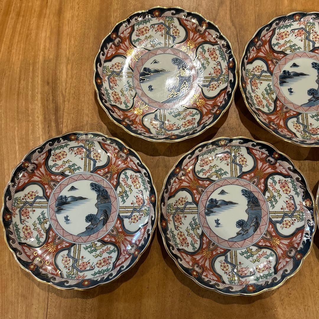有田焼　隼木谷清右衛門　山水古伊万里絵付　菊形皿　五枚