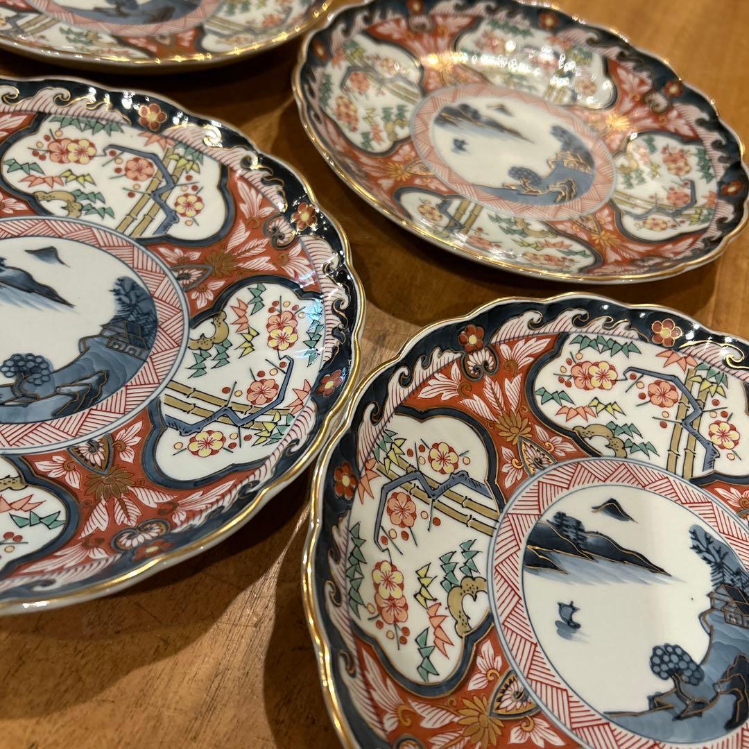 有田焼　隼木谷清右衛門　山水古伊万里絵付　菊形皿　五枚