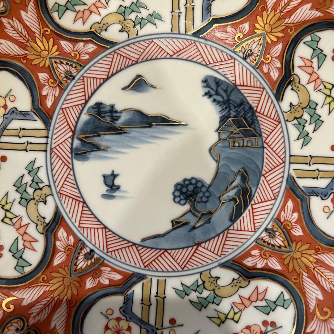 有田焼　隼木谷清右衛門　山水古伊万里絵付　菊形皿　五枚