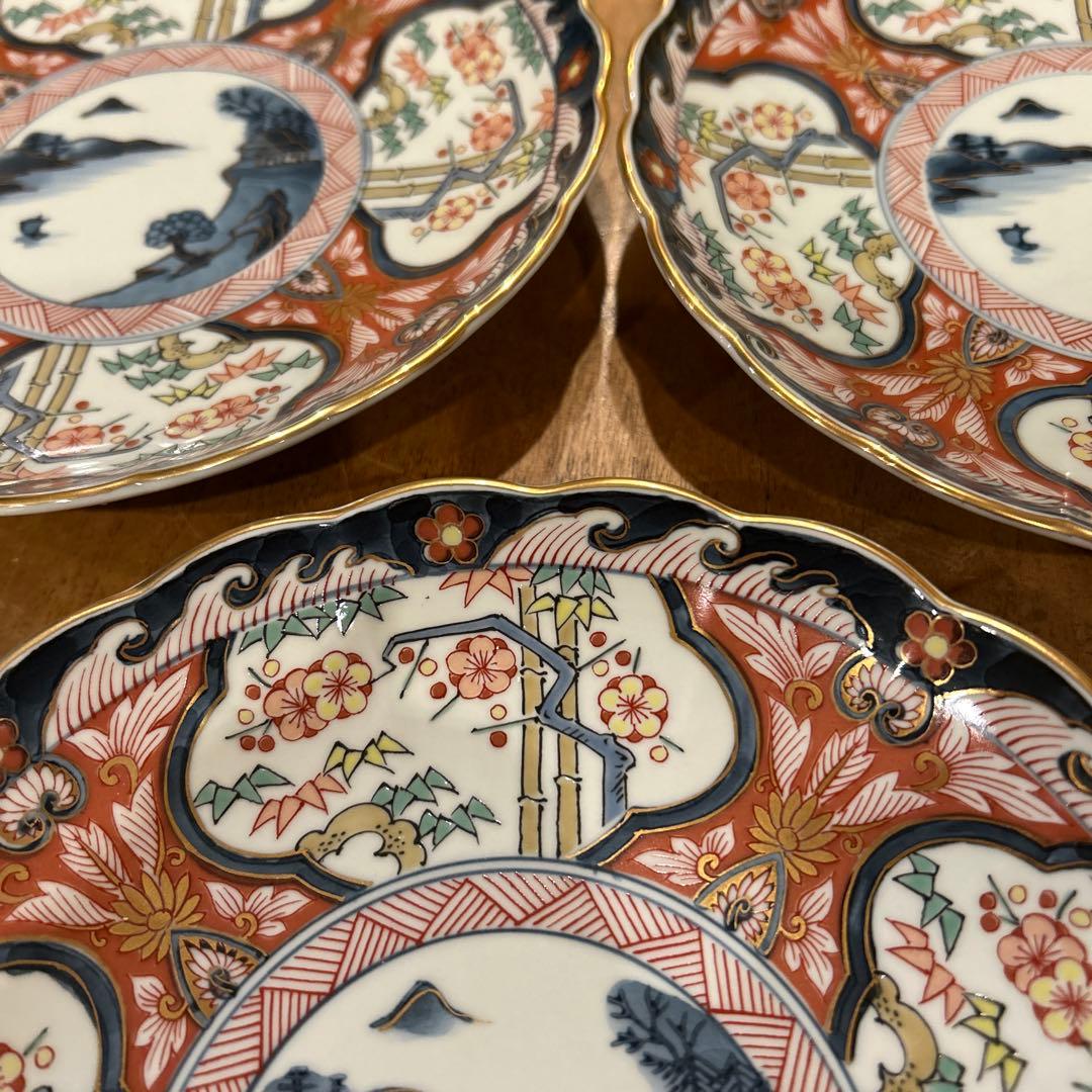 有田焼　隼木谷清右衛門　山水古伊万里絵付　菊形皿　五枚