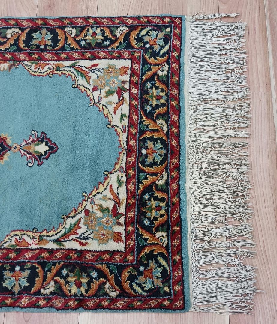 Y3318 インド カシミールウール 手織り絨毯 オールド 129×69㎝