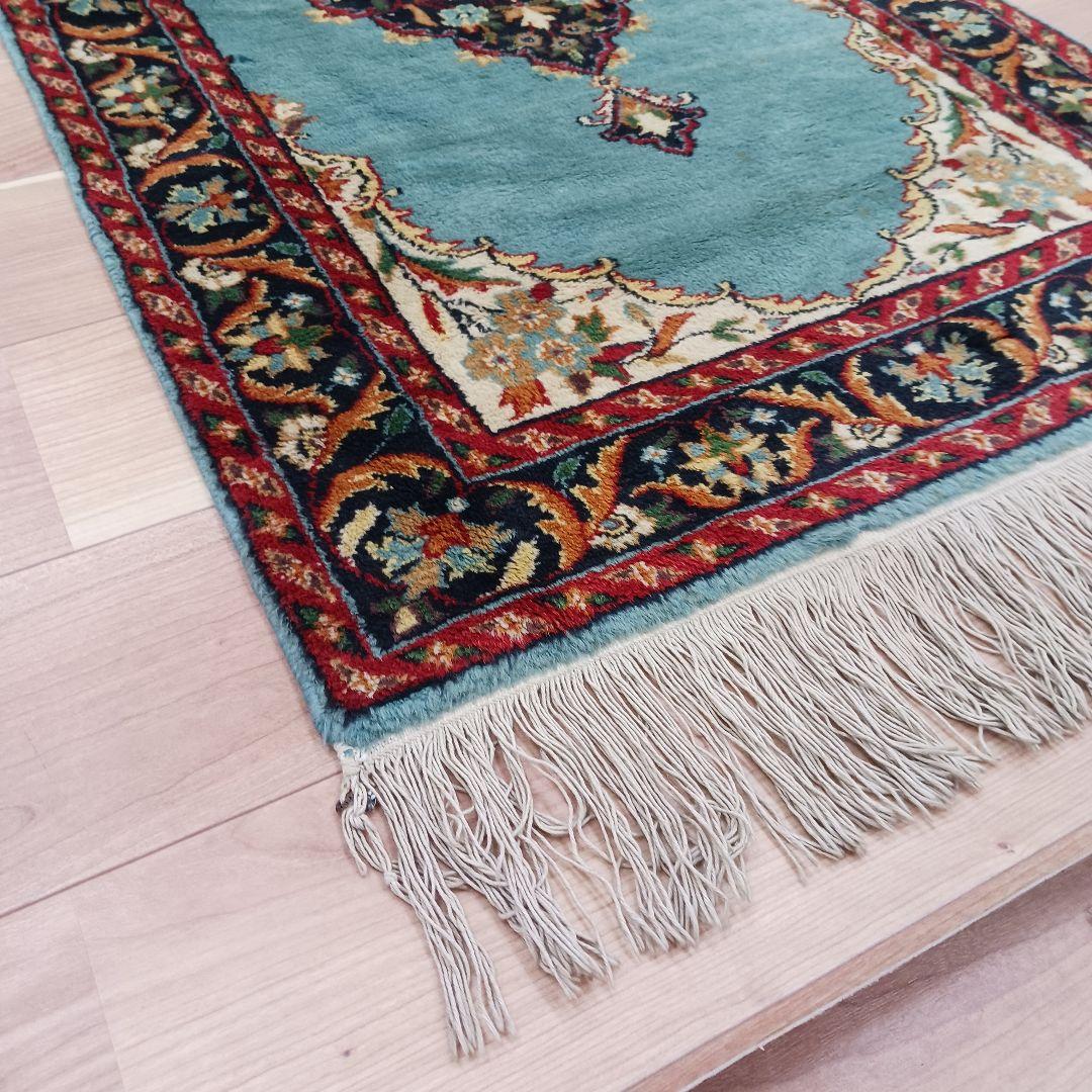 Y3318 インド カシミールウール 手織り絨毯 オールド 129×69㎝