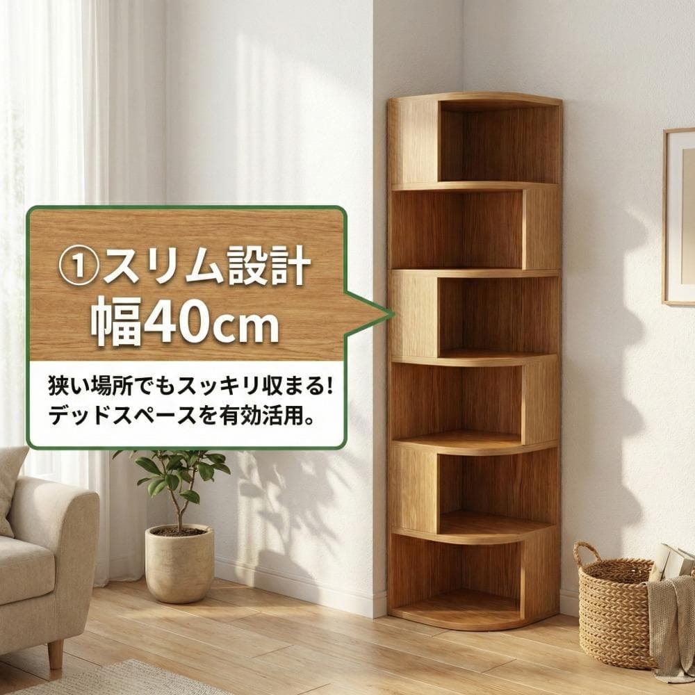 デッドスペース活用コーナーラック6段木目調安心の角丸設計本棚飾り棚収納スリム