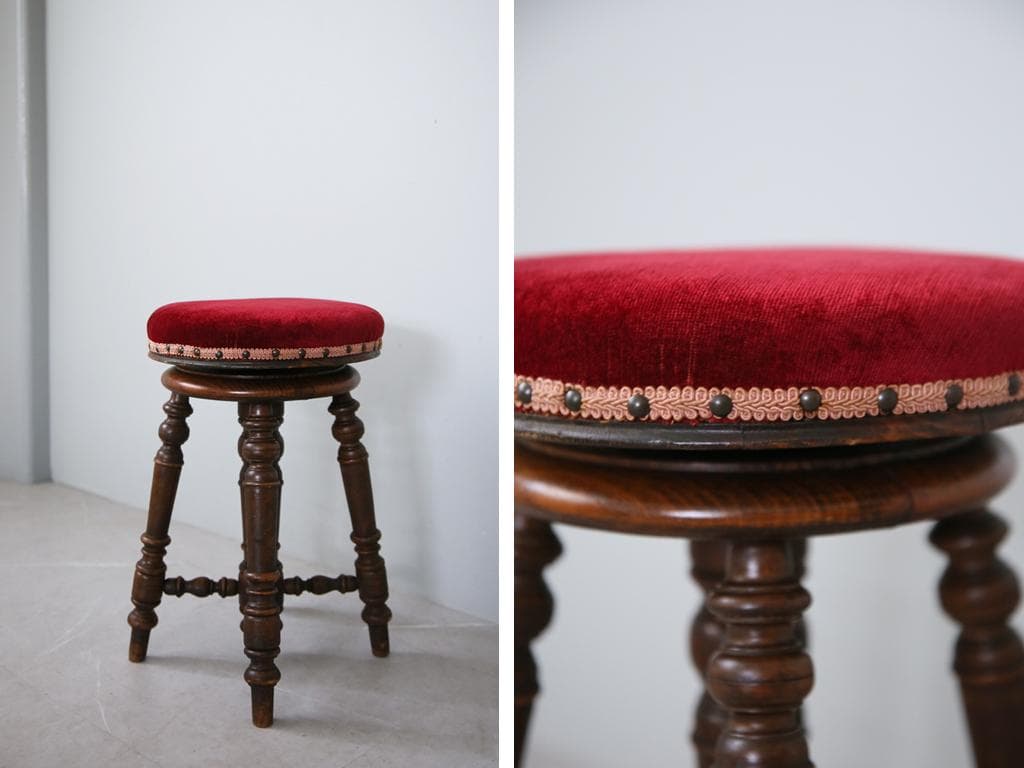 フランスアンティーク古木ピアノスツール/木製チェア/演奏用回転イス(92-150