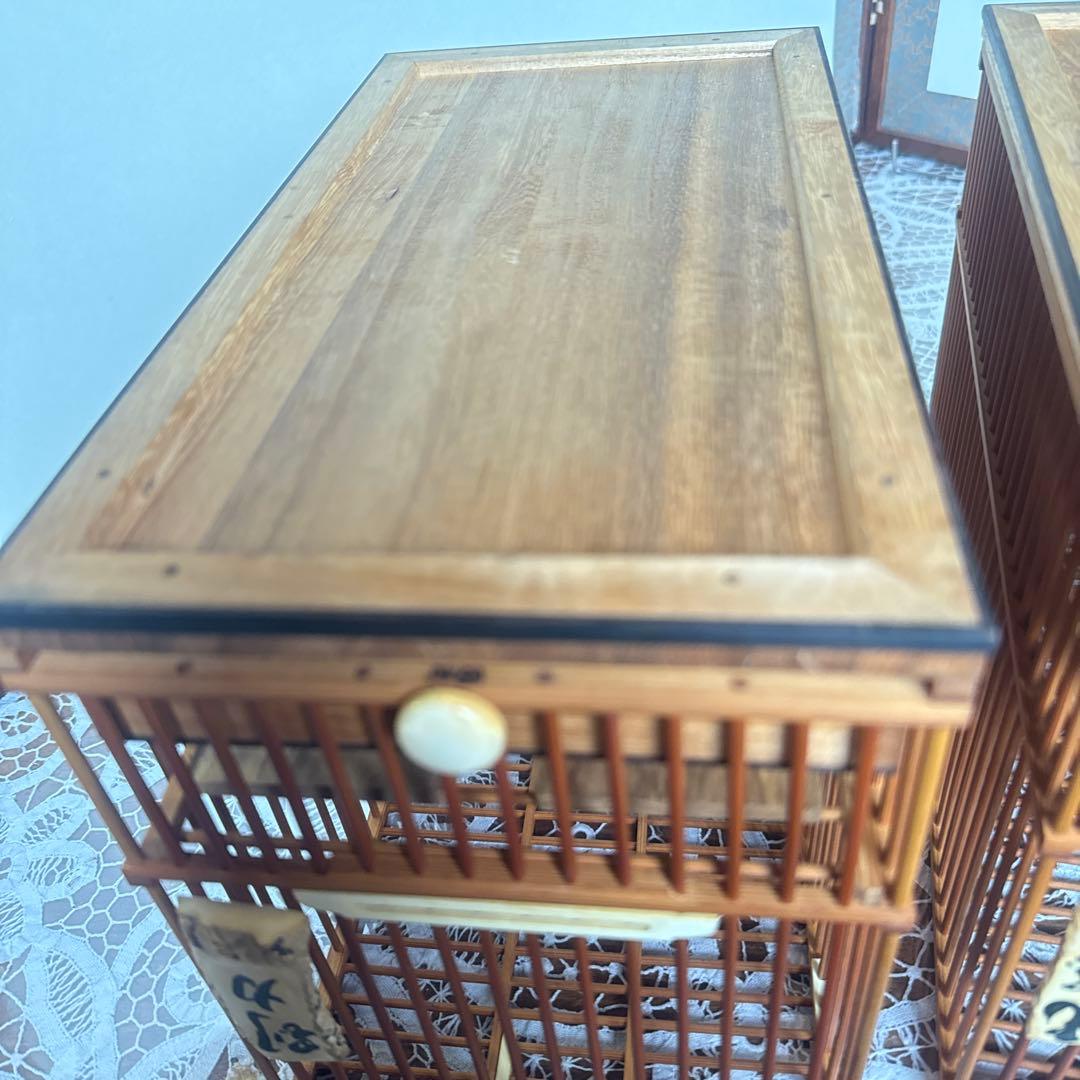 目白籠名人籠田村特注寝籠縁紫檀網戸本金糸カンザシ前止餌掛極上牙　名鳥札鹿角未使用