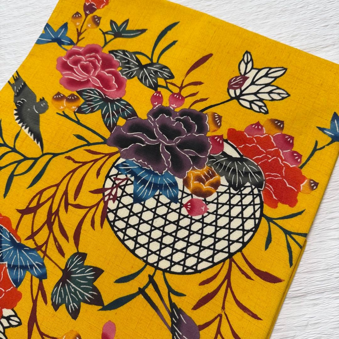 m-45 本場琉球紅型 鳥 花 名古屋帯 正絹 未使用