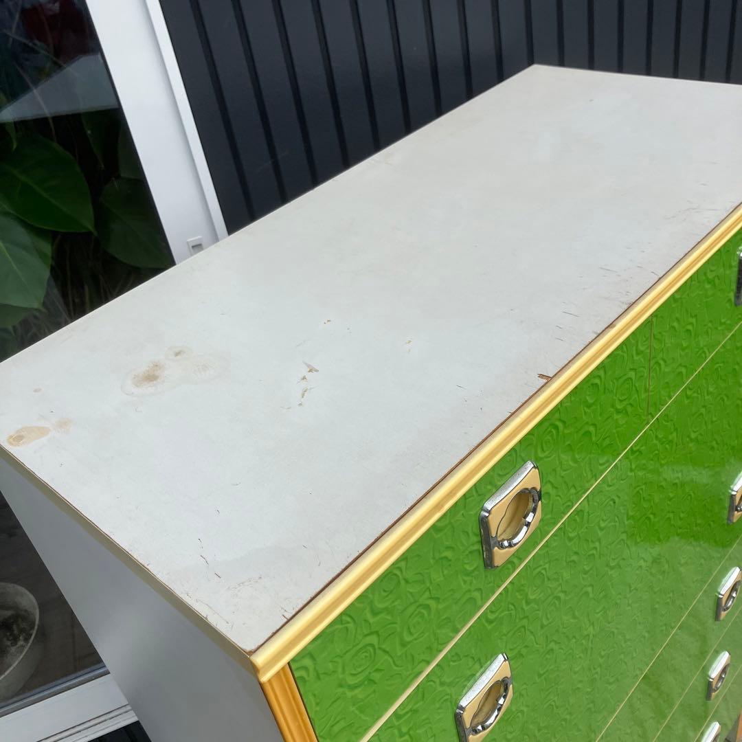 昭和レトロ 薔薇柄 花柄 木製チェスト 6段7杯 タンス 古家具 ビンテージ 緑