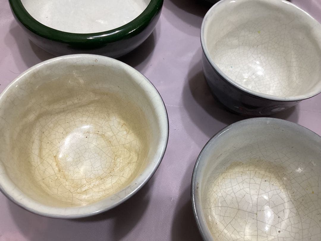 支那人形　萬古焼　茶道具セット 煎茶　緑色 陶器製 木箱　唐子の玉遊び模様