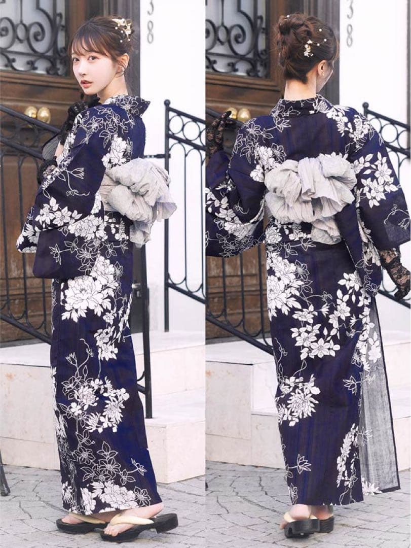 [3点SET]紺地×レトロ花柄浴衣【YUKATA by dazzy 2025】