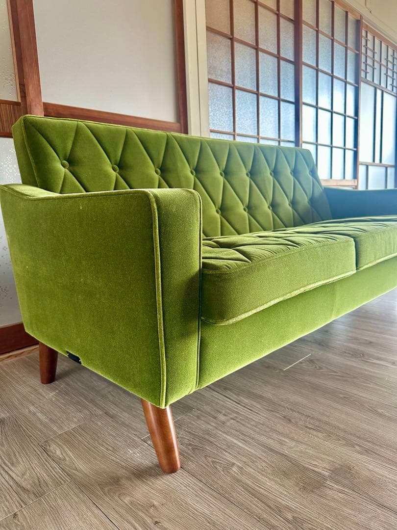 【カリモク】グリーン・ベルベット 3人掛けソファ