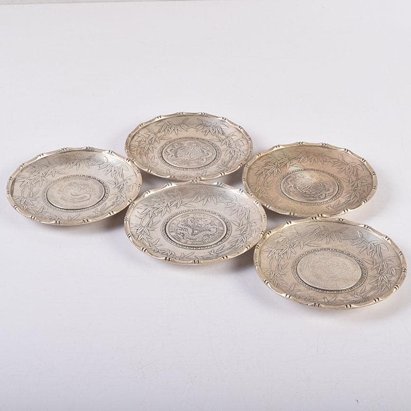 煎茶道具　中華銀幣刻印装飾　龍笹文茶托　五客　壹圓　C　R8917