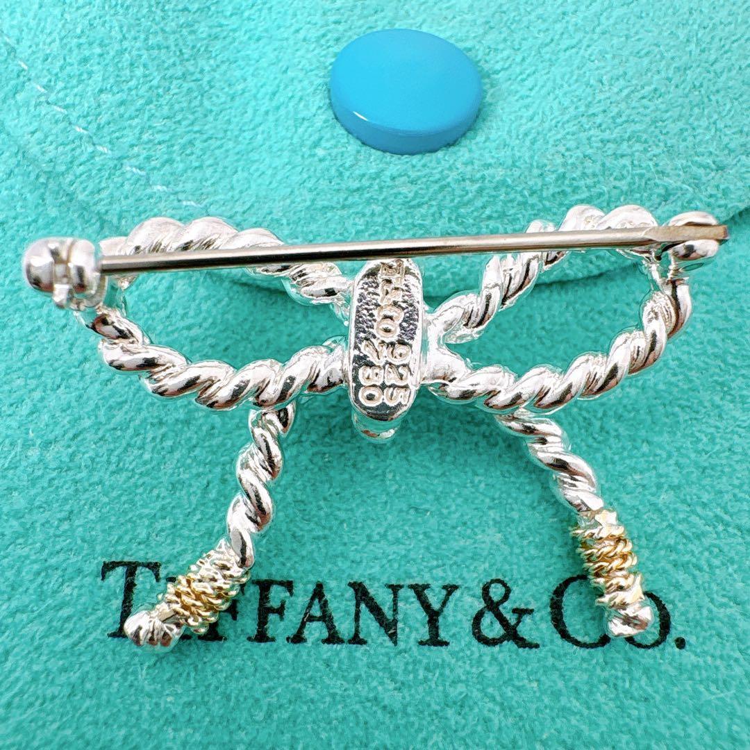 極美品 オールドティファニー ツイストリボン コンビ ブローチ シルバー k18