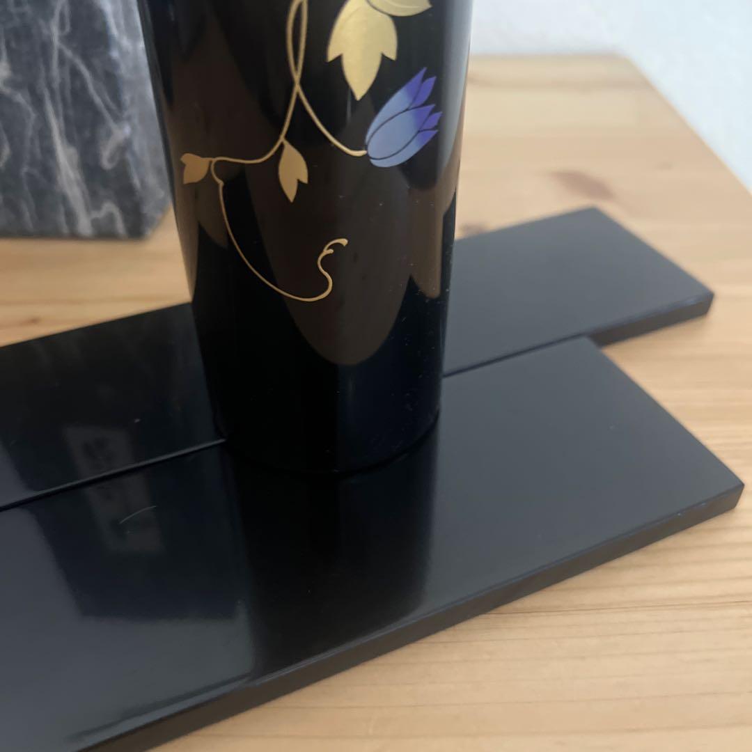 漆器 円筒形花瓶 金色紫色模様　外箱付き