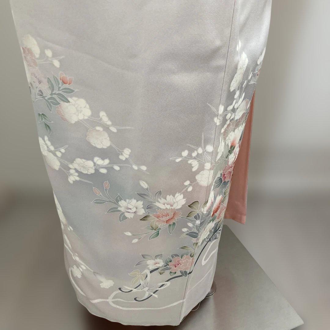 新品　淡いグレー地　訪問着　牡丹　花車文様　桜　縁起柄　小柄な方　s