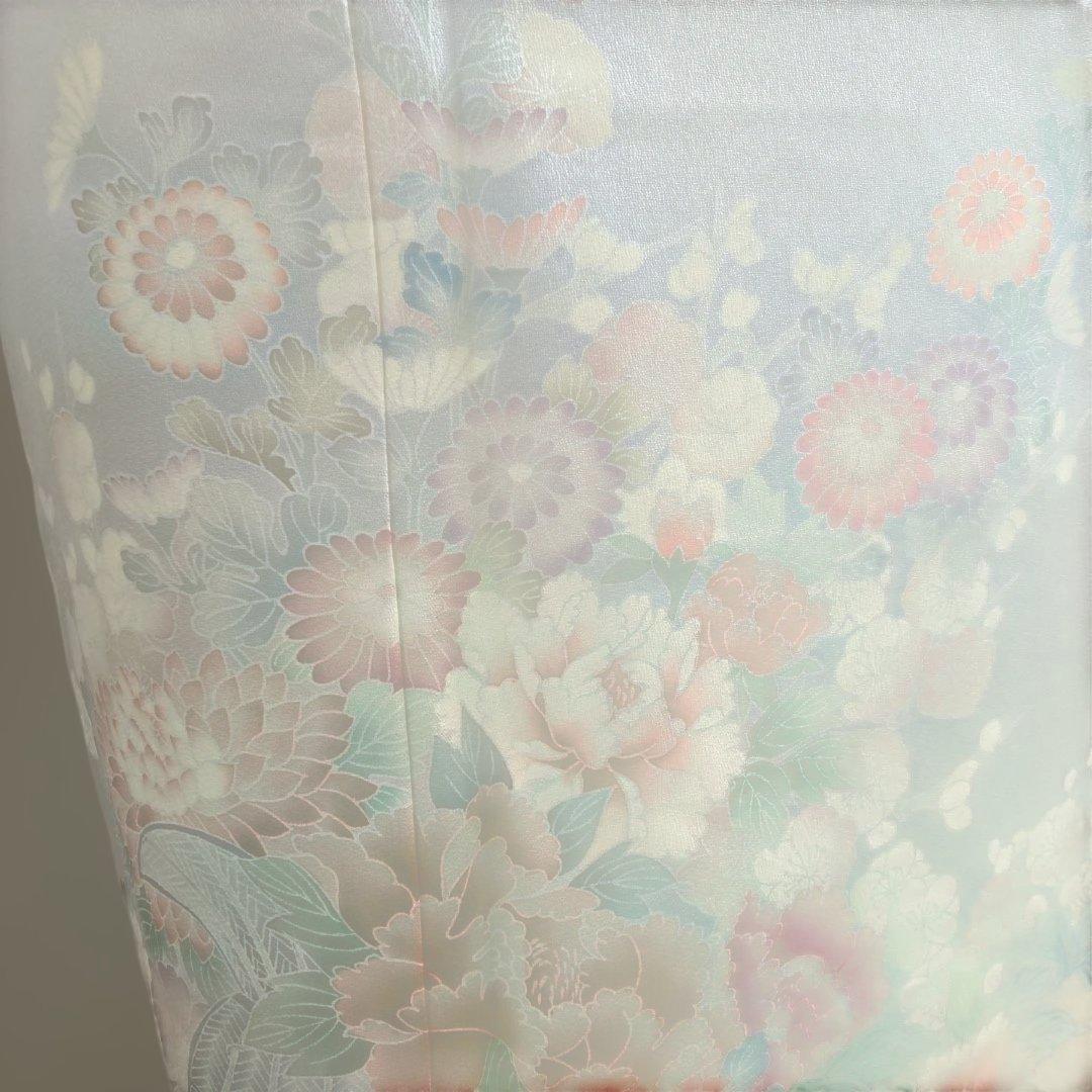 新品　淡いグレー地　訪問着　牡丹　花車文様　桜　縁起柄　小柄な方　s