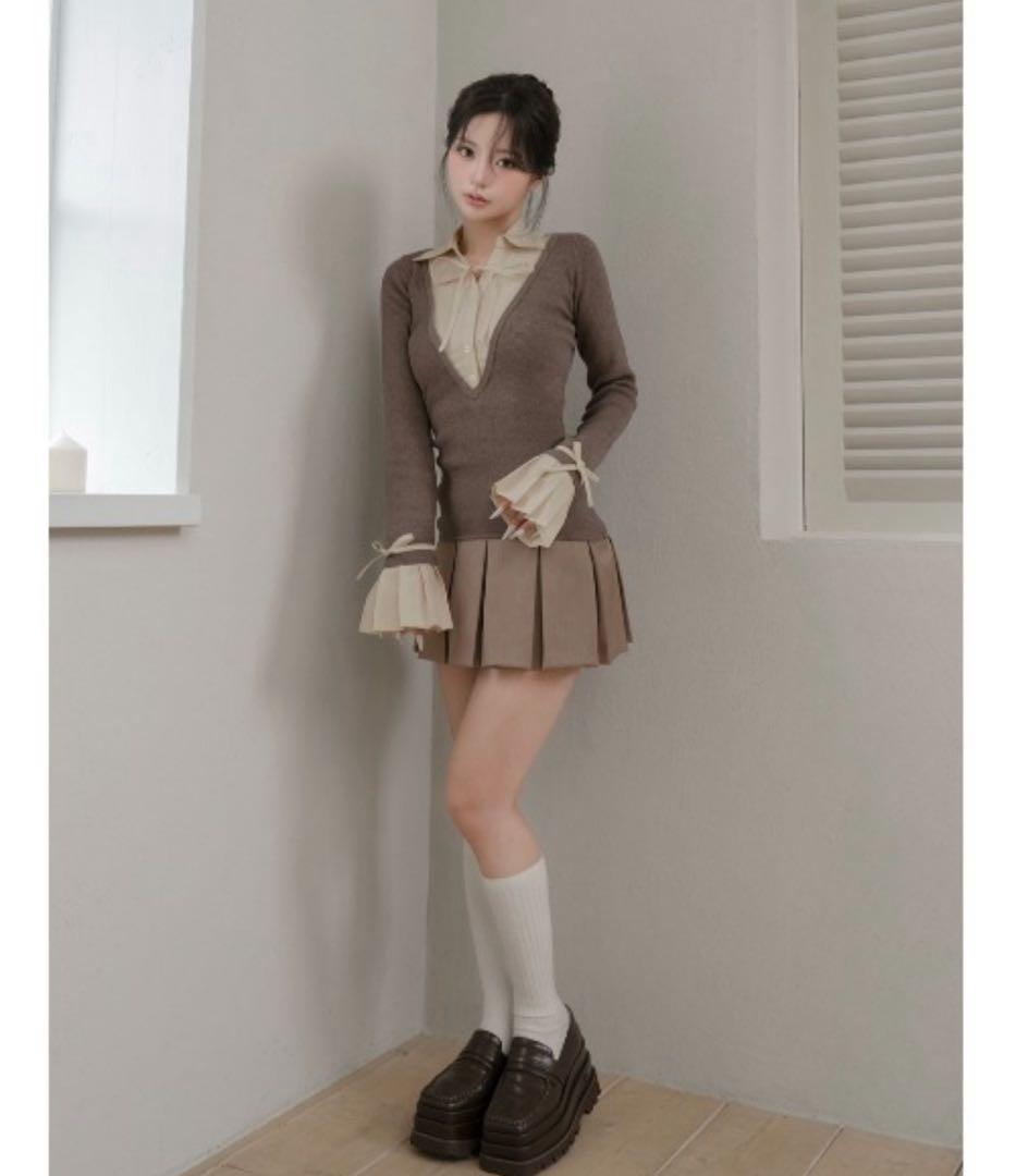 Darich ダーリッチ シャツドッキングプリーツミニワンピース モカ