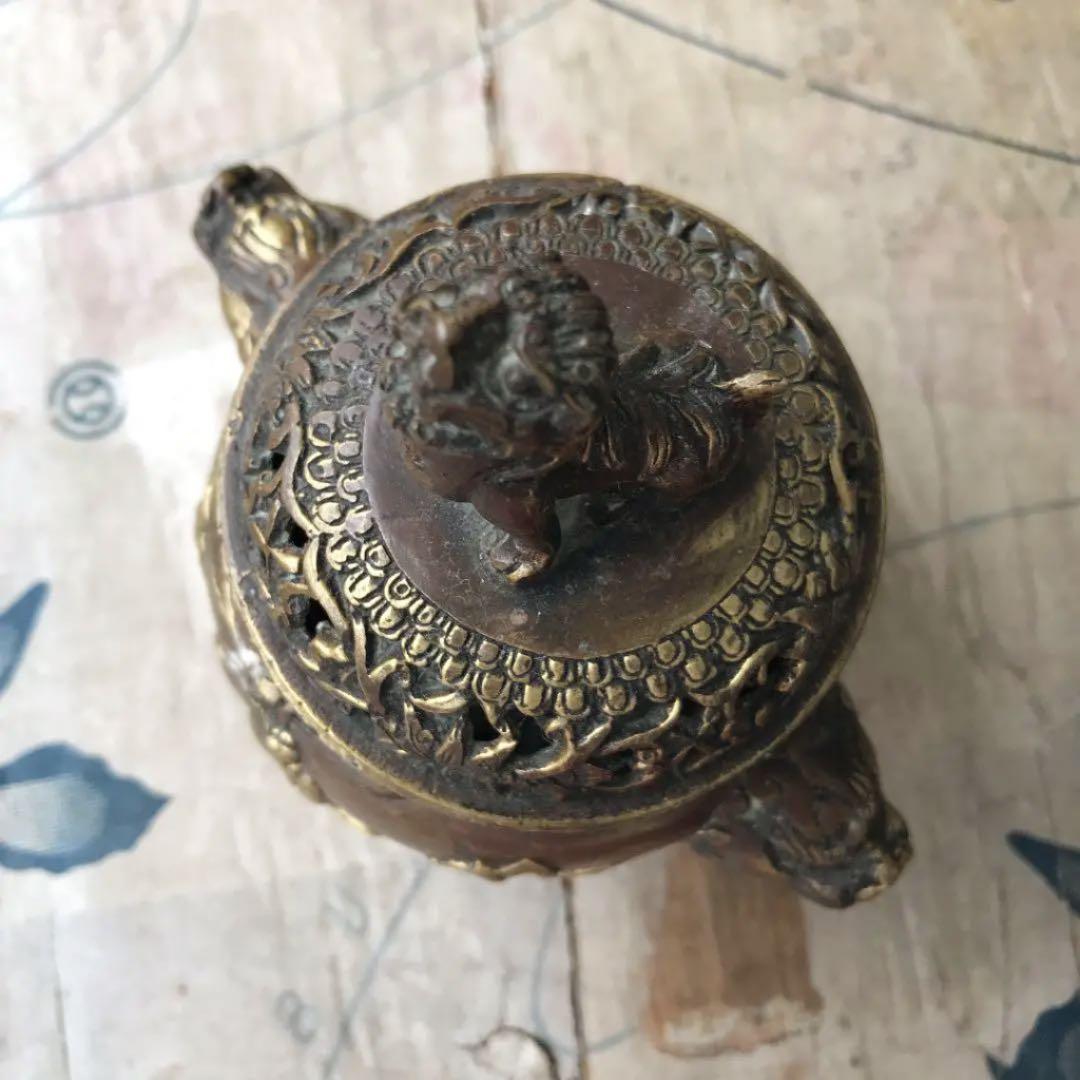 中国 骨董 銅香炉 獅子 野獣足 時代物 「大明宣徳」刻印