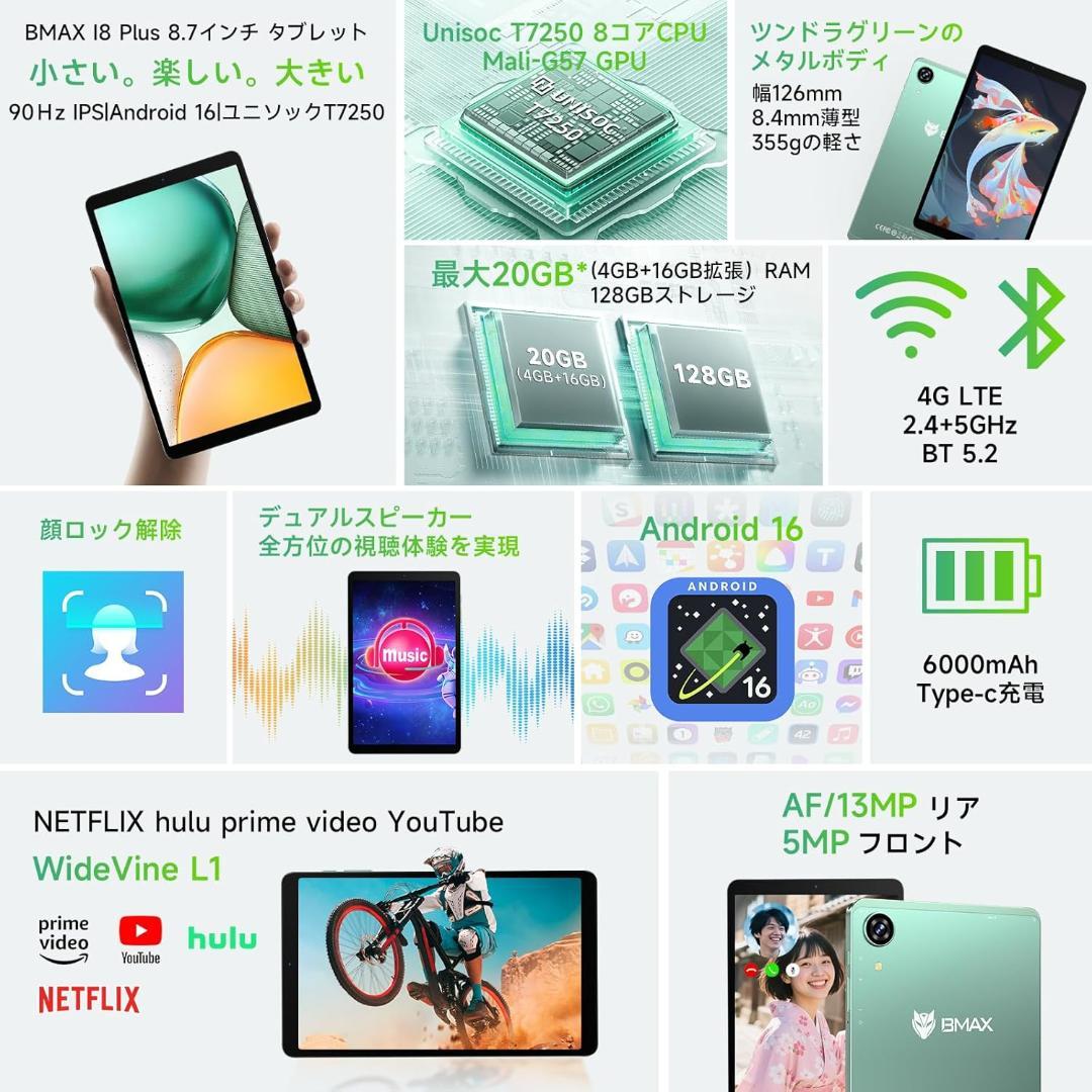 ☆ネットで好評・Bmax I8 Plus Android16 タブレット 通話可