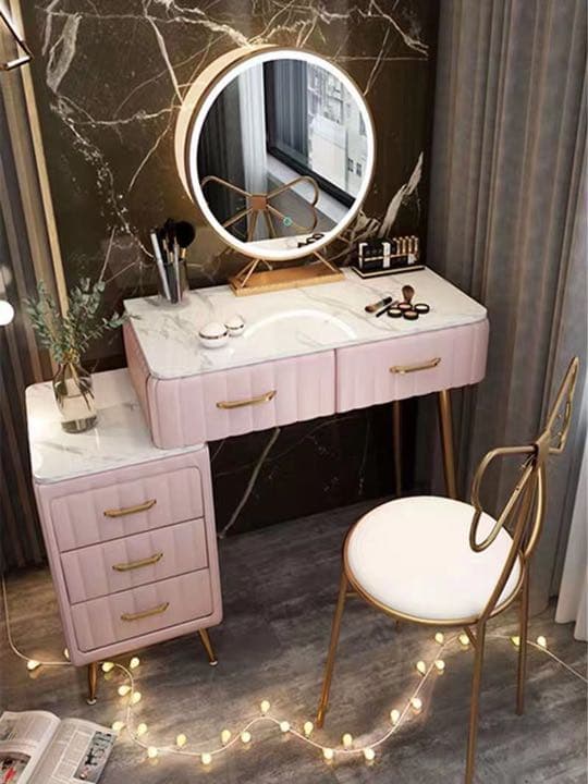 オシャレドレッサー　ベージュデスク引き出し2杯LEDミラー　椅子　棚4点セット